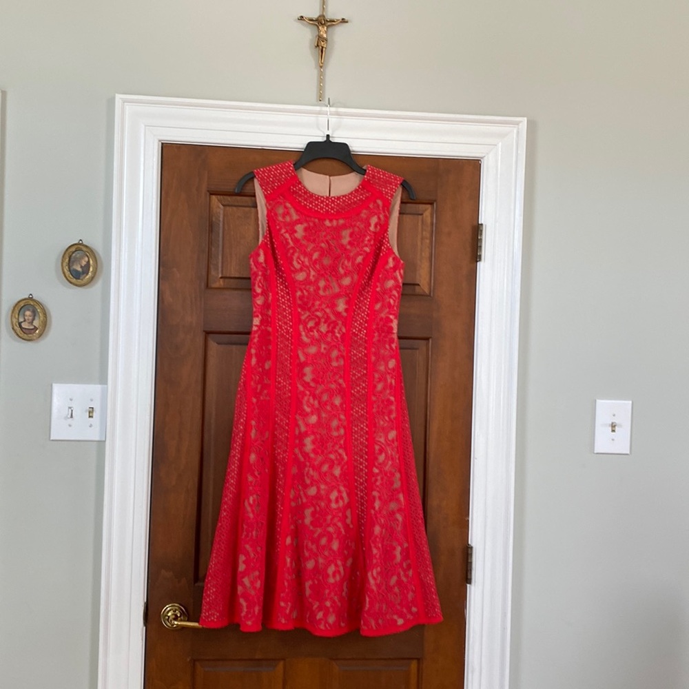 Cutout back, lace over skin tone dress, by BCBG Maxazria size :6